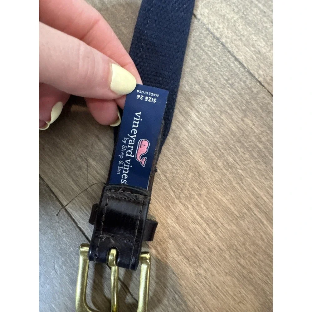 Vineyard Vines‎ Belt Boys Size 26 Blue Stripe Ribbon Leather Brass Buckle